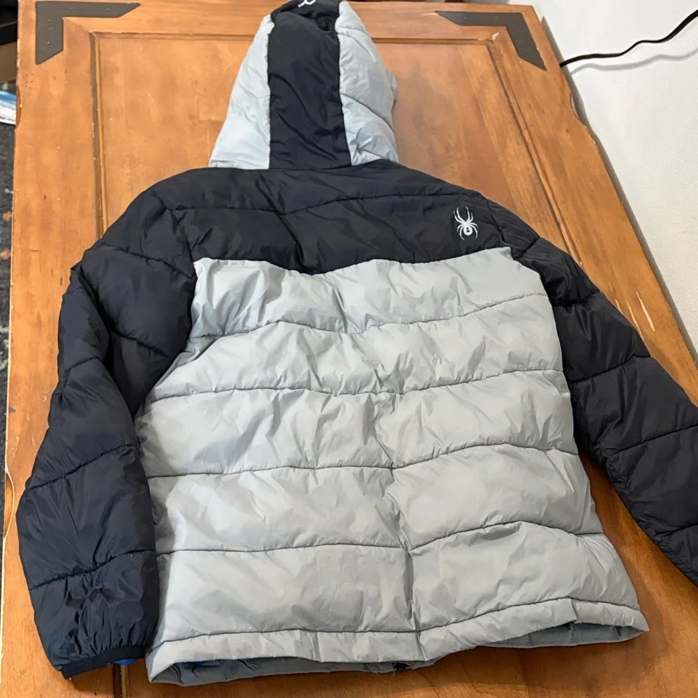 Spyder Silver and Black Hooded Puffer Jacket Size 16